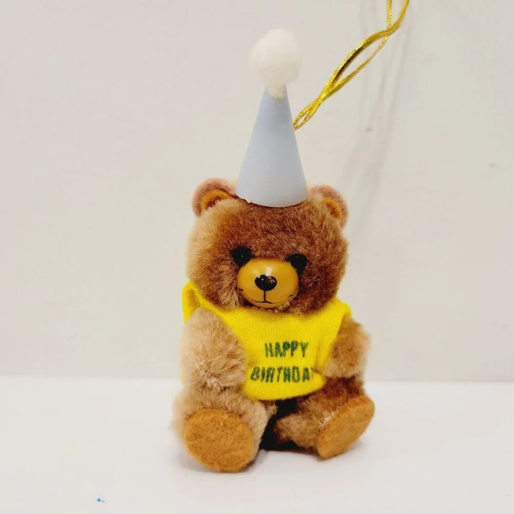 Vtg Mini Yellow Happy Birthday Shirt Brown Teddy Bear Cone Hat Ornament Toy